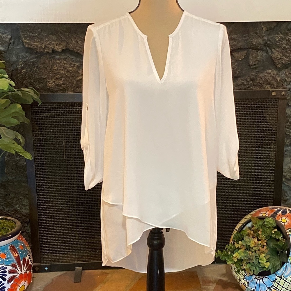 White sheer chiffon blouse 3/4 sleeve - Picture 1 of 7